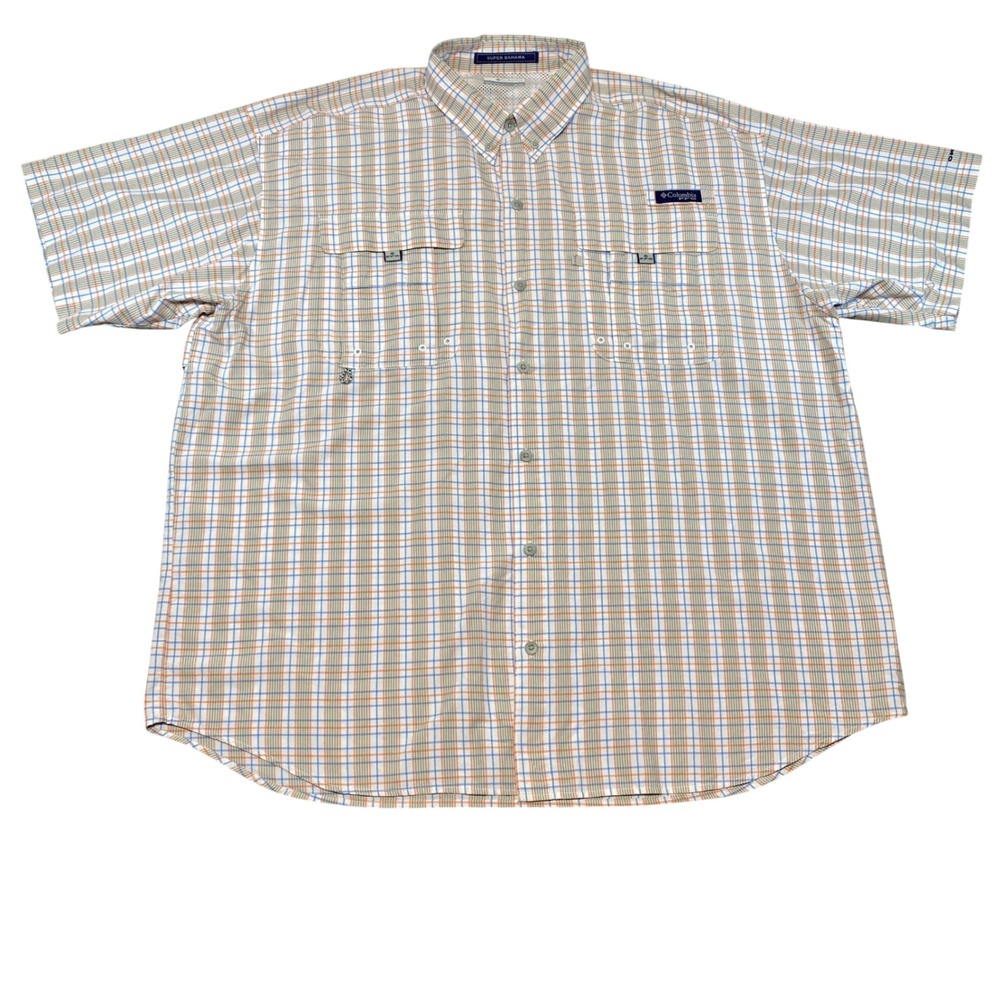 Columbia PFG Super Bahama Fishing Shirt Mens XL Orange Blue Plaid Short Sleeve